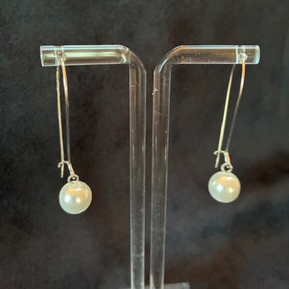 Earrings - Silver tone hoop with single faux white pearl. - Picture 2 of 4